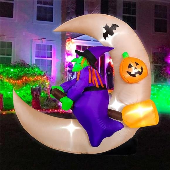 4.6ft Long Halloween Inflatable Witch Sitting on The Moon Decoration, LED - Picture 1 of 6